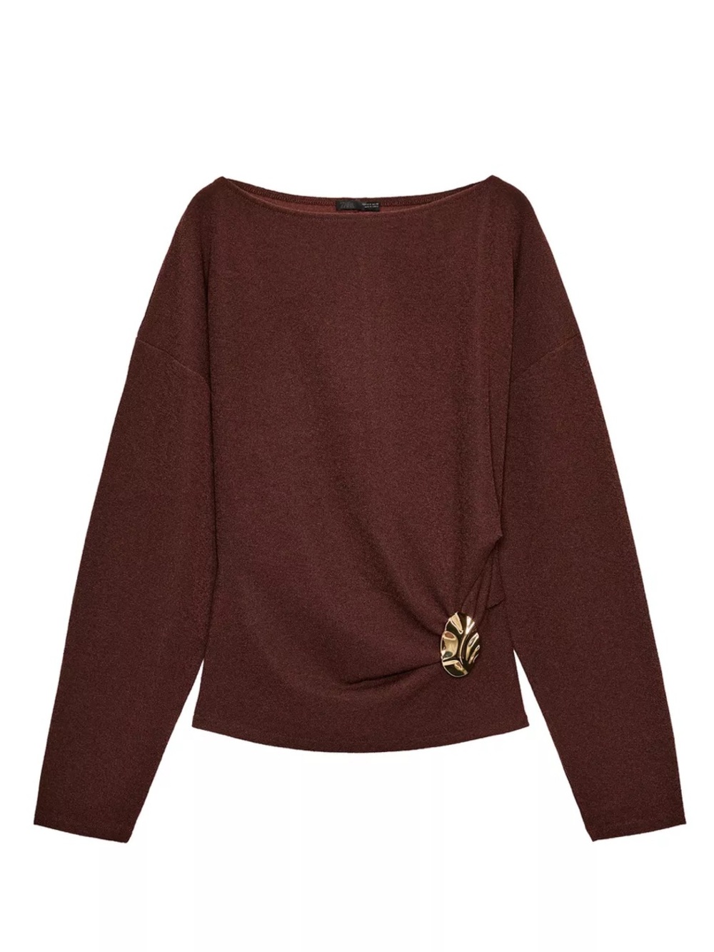 NWT Zara Textured Women's Brown Knit Sweater with Decorative Brooch Size M